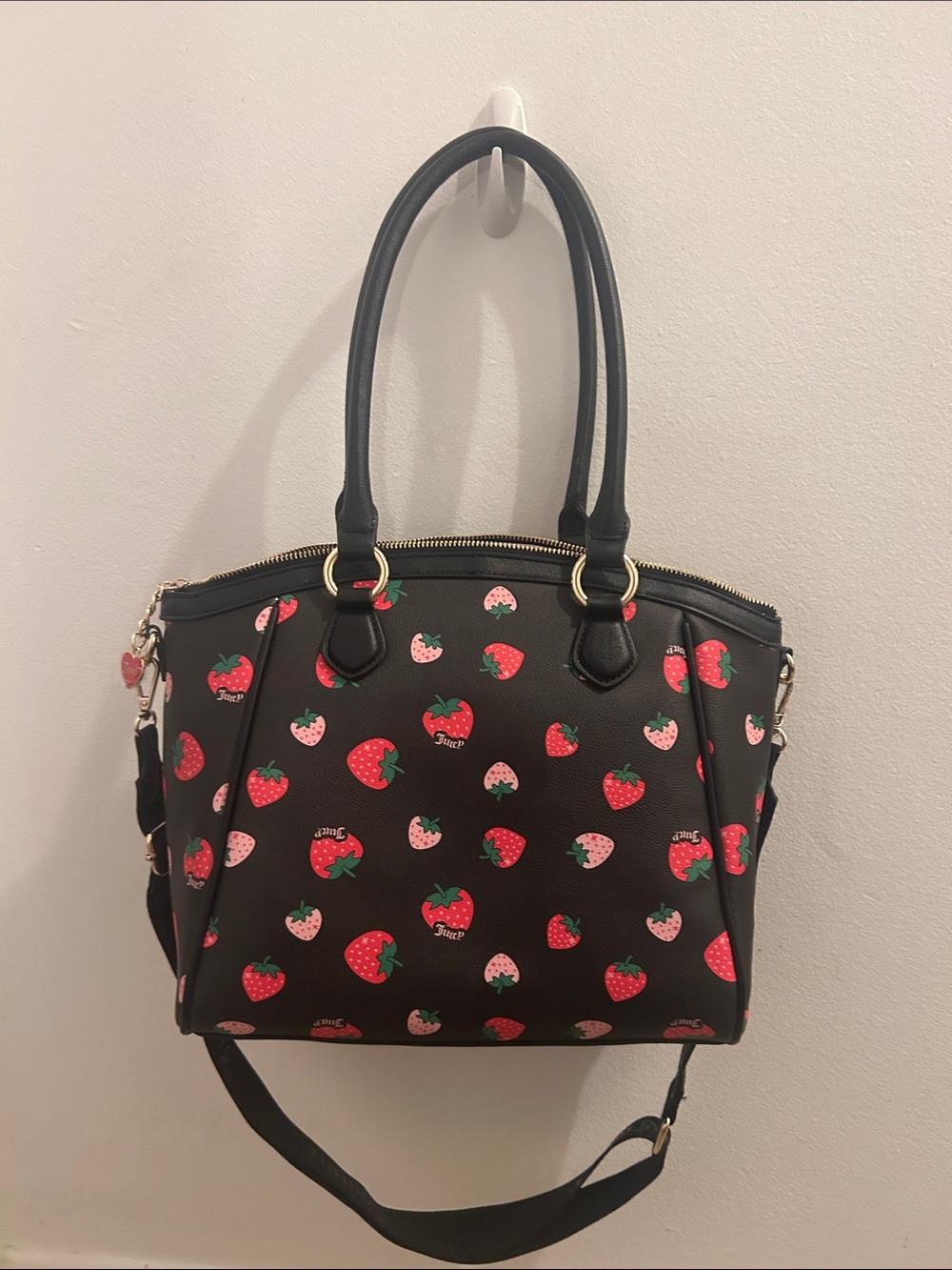 Juicy Couture Black Strawberry Print Satchel with Strawberry Charm - Picture 2 of 5